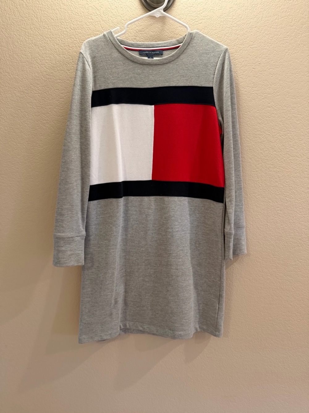 Gray Colorblock Sweatshirt Dress with Red & White Panel